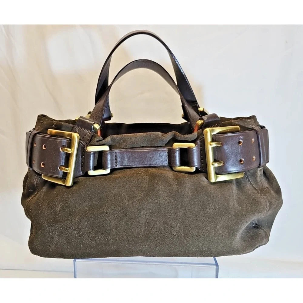 ✨ Y2K  Donna Karan Chocolate Suede Double Buckle Mini-Satchel, BOHO Slouchy Edgy